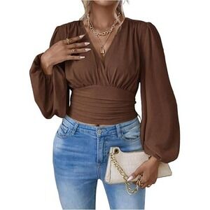 MSRP $43 MakeMeChic Women's 2XL Brown Plus Size Wrap V Neck Tops Long Sleeve